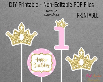 Printable Centerpieces - Princess Tiara - Girl 1st Birthday - Baby Pink & Gold Glitter - PRINTABLE - INSTANT DOWNLOAD