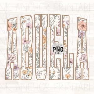 May include: A floral design with the word "ABIGAIL" in large, stylized letters. The letters are filled with a pattern of pastel-colored flowers and foliage. The image also includes the text "PINK ANCHOR PNG file".