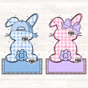 May include: Two Easter bunny cutouts. One is blue with a baseball cap, the other is pink with a bow. Both have a gingham pattern and a rectangular base. The text "PINK ANCHOR PRINTABLES PNG file" is visible on each cutout.