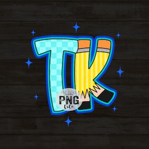 May include: A digital graphic featuring the letters "TK" stylized as pencils. The "T" is light blue with a checkered pattern, and the "K" is yellow with pencil details. The image includes the text "PINK ANCHOR PNG file" and blue star accents.