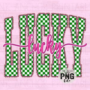 May include: A digital graphic featuring the word "LUCKY" in large, block letters. The letters are green and white checkered, outlined in pink, and have a leopard print border. The word "lucky" is written in cursive in pink over the block letters. The background is light pink.