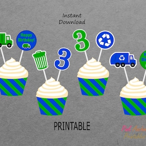 Printable Garbage Recycle 3rd Birthday Cupcake Toppers and Wrappers - Blue & Green - Trash - Waste - PRINTABLE - INSTANT DOWNLOAD