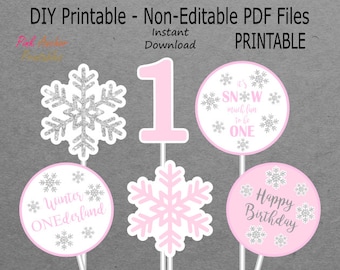 Printable Snowflake Centerpieces Girl - Winter ONEderland - 1st Birthday - Light Pink & Silver - PRINTABLE - INSTANT DOWNLOAD