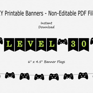 Printable Level 30 Banner - Black & Lime Green - Video Game Controller Garland - Gaming Gamer Birthday Party - PRINTABLE - INSTANT DOWNLOAD