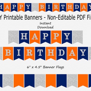 Happy Birthday Banner Navy Blue, Orange & Silver Sparkle PRINTABLE ...