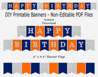 Happy Birthday Banner - Navy Blue, Orange & Silver Sparkle - PRINTABLE - INSTANT DOWNLOAD