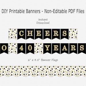 Cheers to 40 Years Banner - Black & Gold Glitter - Confetti - 40th Birthday Party - Sign - PRINTABLE - INSTANT DOWNLOAD