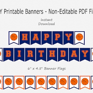 Banner di buon compleanno - Blu Navy e Arancione - Festa di compleanno di basket - STAMPABILE - DOWNLOAD immediato