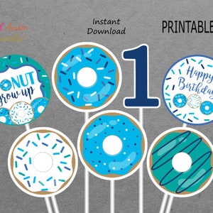 Printable Donut Centerpieces Boy - 1st Birthday - Bright Blue, Teal & Blue - 1 - PRINTABLE - INSTANT DOWNLOAD