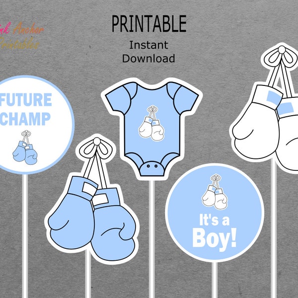 Printable Centerpieces - Boxing - Boxer - Boy Baby Shower - White & Light Blue - PRINTABLE - INSTANT DOWNLOAD