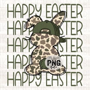 May include: A digital graphic of a bunny in a green cap and camouflage pattern, with the words "HAPPY EASTER" repeated in green. A PNG file logo is in the lower right corner. Easter-themed design.