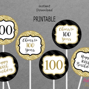 印刷可能な 100 歳の誕生日のセンターピース - ブラック & ゴールド - 100 年間のお祝い - 100 歳の誕生日おめでとう - 100 - 印刷可能 - すぐにダウンロード