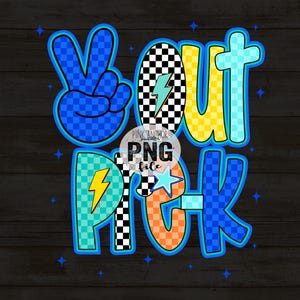 以下が含まれることがあります： 「YOU PICK」の文字が入ったカラフルなグラフィックデザイン。平和のサイン、稲妻、星、市松模様を青、黄色、オレンジ、黒で表現し、暗い背景に配置しています。