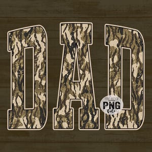 May include: The word "DAD" in a bold, block letter font, filled with a camouflage pattern in shades of brown, black, and tan. The letters have a distressed, textured appearance, with a white outline. The background is a wood grain texture.