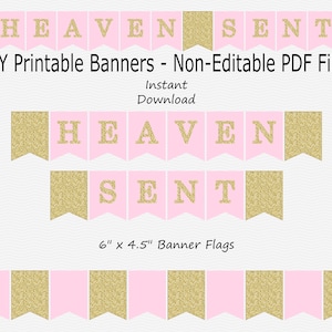 Heaven Sent Banner - Light Pink & Gold Glitter - Heaven Sent Baby Shower - PRINTABLE - INSTANT DOWNLOAD