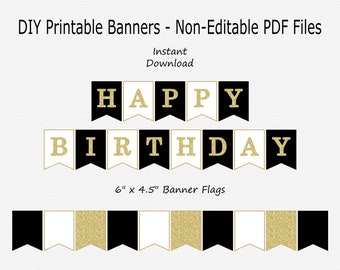 Happy Birthday Banner - Black, White & Gold Glitter - PRINTABLE - INSTANT DOWNLOAD