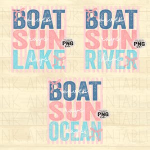 May include: Three digital art prints with the words "BOAT", "SUN", "LAKE", "WAVES", "DAYS", and a pink bow. The background has pink and white vertical stripes. The words are in blue, pink, and light blue.