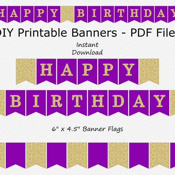 Happy Birthday Banner - Purple & Gold Glitter - Girl Birthday Party Sign Decoration - PRINTABLE - INSTANT DOWNLOAD