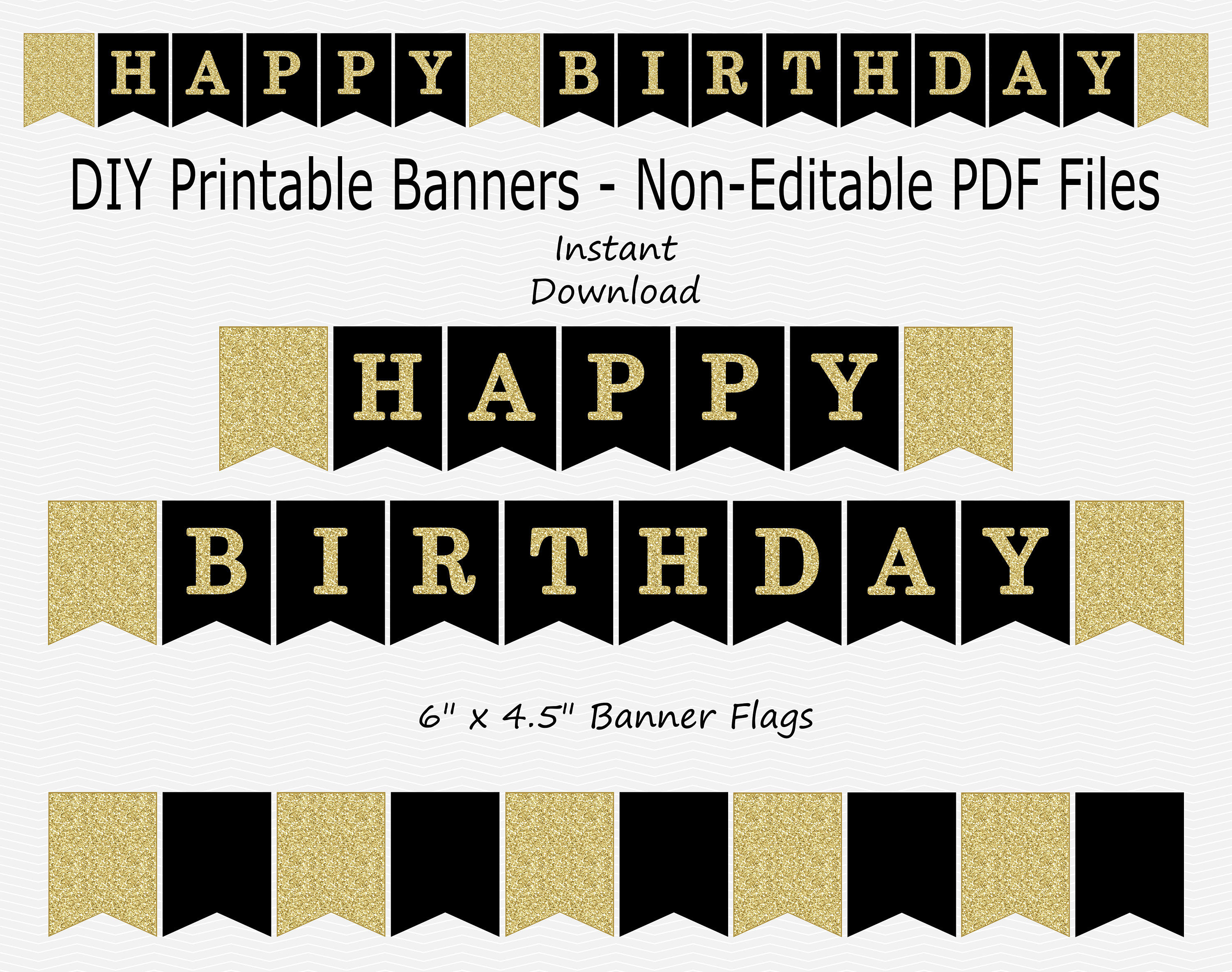 Printable Happy Birthday Cupcake Toppers Black and Gold - Digital Art Star