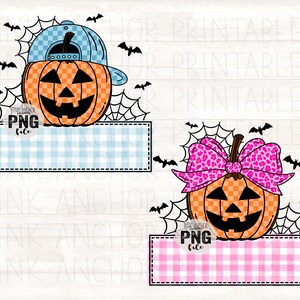 May include: Two Halloween-themed digital designs featuring orange jack-o'-lanterns with black carved faces. One pumpkin wears a blue plaid hat, the other a pink leopard print bow. Both have a matching plaid banner below. Black bats and spiderwebs complete the design. The text "PNG file" is included.