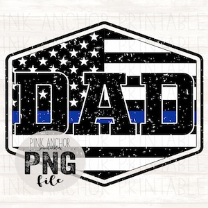May include: A graphic design featuring the word DAD in bold black letters with a distressed texture. The letters are overlaid on a black and white American flag pattern with a horizontal blue line. The design is enclosed in a black hexagon.