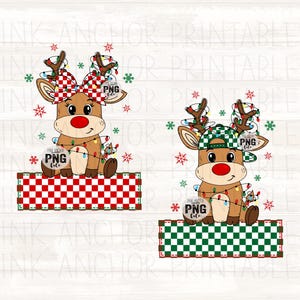 May include: Two cartoon reindeer illustrations. One reindeer has a red and white checkered bow and the other has a green and white checkered hat. Both have red noses, antlers with Christmas lights, and sit on checkered platforms. The text "PNG file" is visible.