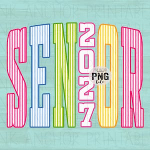 May include: A vibrant graphic featuring the word "SENIOR" in striped letters, with the year "2021" in the middle. The letters are in pink, blue, green, and yellow, set against a light blue background.