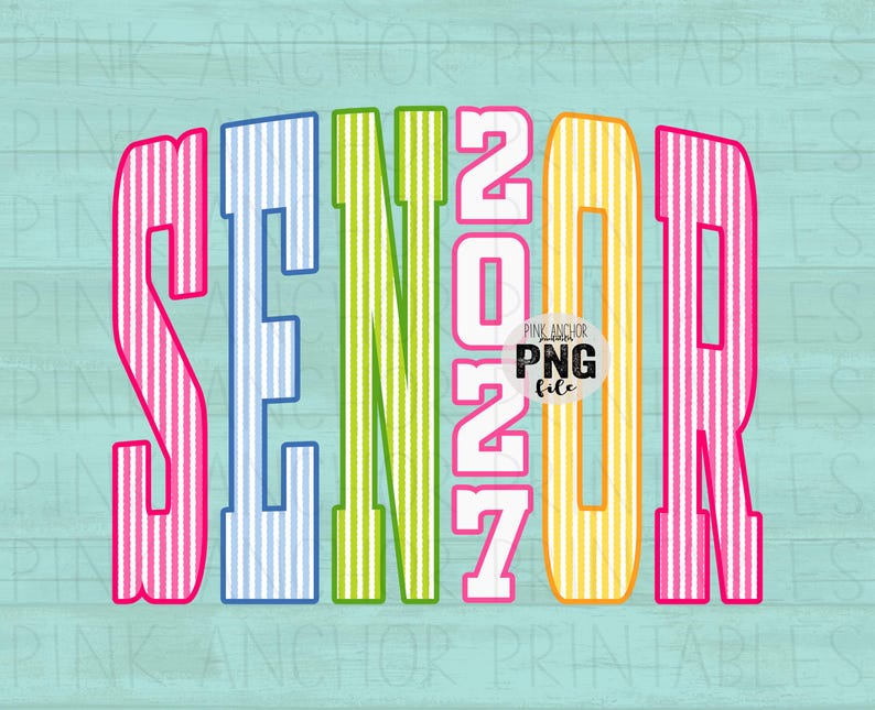 May include: A vibrant graphic featuring the word "SENIOR" in striped letters, with the year "2021" in the middle. The letters are in pink, blue, green, and yellow, set against a light blue background.