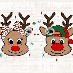 May include: Two cartoon reindeer heads with brown antlers, red noses, and smiling faces. One reindeer wears a bow with red and green stripes, the other a green and red baseball cap. Decorative snowflakes and stars surround the reindeer.