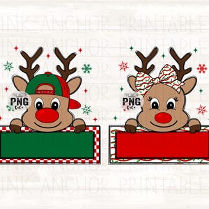 May include: Two cartoon reindeer illustrations. One reindeer wears a green and red baseball cap and holds a green sign with a red and white checkered border. The other reindeer has a bow and holds a red sign with a red and white striped border. Christmas theme.
