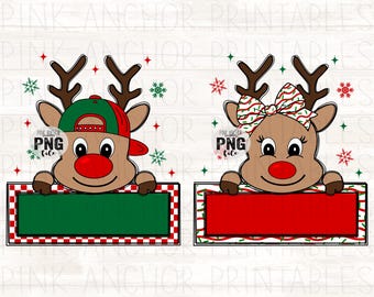 May include: Two cartoon reindeer illustrations. One reindeer wears a green and red baseball cap and holds a green sign with a red and white checkered border. The other reindeer has a bow and holds a red sign with a red and white striped border. Christmas theme.