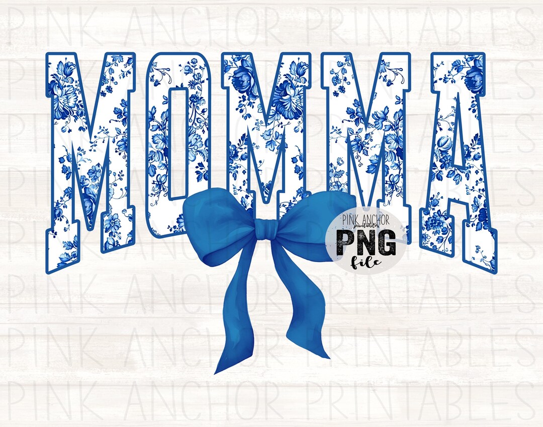 Momma Blue Toile Floral Coquette Bow Png File Clip Art Printable Design ...