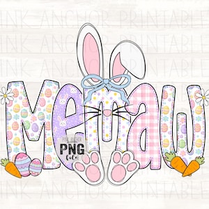 May include: A colorful Easter-themed graphic with the word "MEAW" in large, decorated letters. The "M" features Easter eggs, the "E" has bunny patterns, the "A" is checkered, and the "W" has Easter eggs. A bunny face and paws are incorporated.