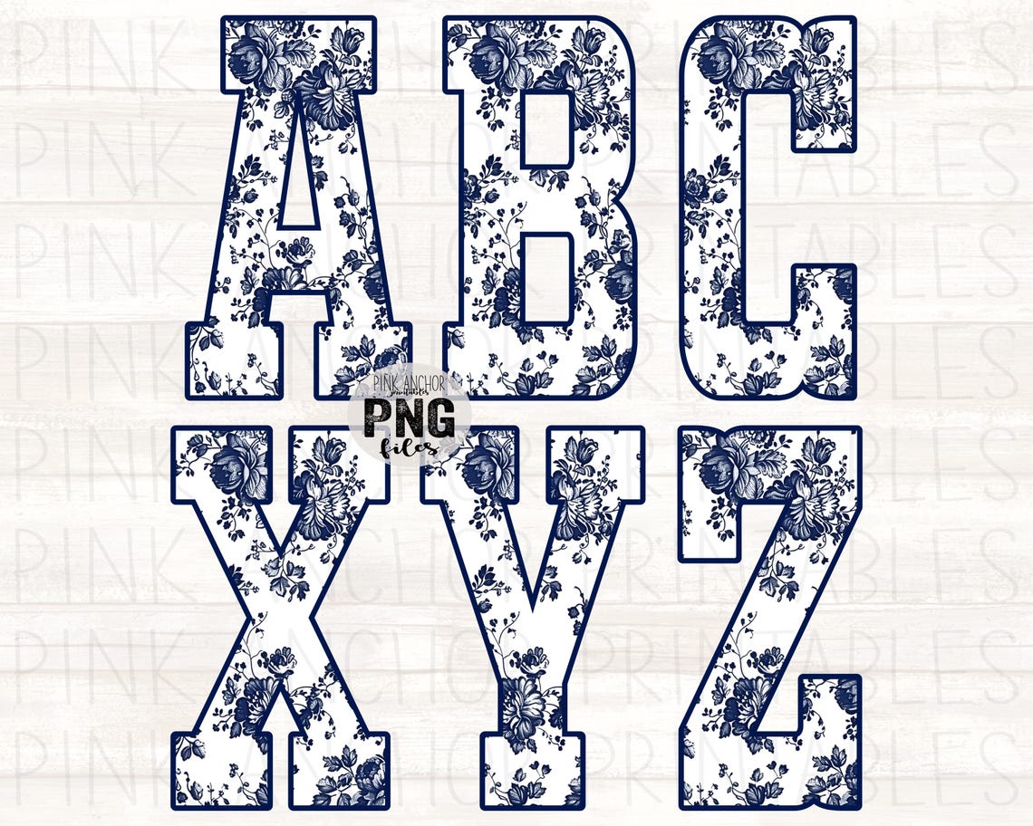 Ayce Letters Instant Download Navy Blue Floral Toile Alphabet ABC Alpha Pack Bundle ...