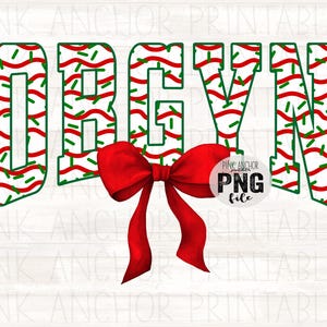 May include: A digital graphic with the name "OBGYN" in a festive font, filled with red and green sprinkles on a white background. A large red bow is at the bottom, with a "PNG file" logo.