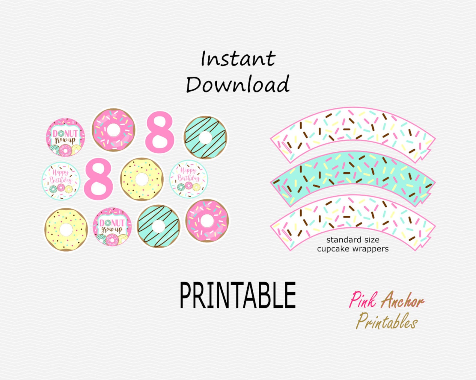 Printable Donut Birthday Cupcake Toppers and Wrappers Medium | Etsy