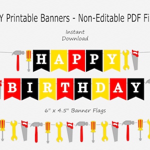Happy Birthday Banner - Red, Yellow, Grey & Black - Construction Tool Birthday Party - PRINTABLE - INSTANT DOWNLOAD