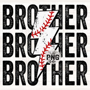 May include: A graphic design featuring the word "BROTHER" repeated three times in a bold, distressed black font. A white lightning bolt shape with a red baseball stitch design is centered within the word.
