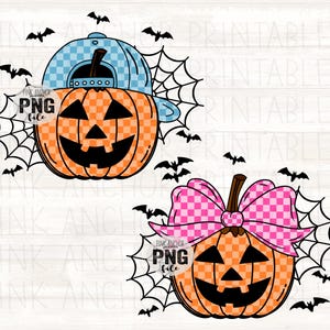 May include: Two orange jack-o'-lanterns with black carved faces, one wearing a blue checkered baseball cap and the other a pink checkered bow. Black bats and spiderwebs surround the pumpkins. The image includes the text "PINK ANCHOR PNG file".