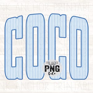 May include: The word "COCO" in large, bold, blue letters with a striped pattern. The letters are outlined in a darker blue. A small circular logo with the text "PINK ANCHOR PRINTABLES PNG file" is in the center.