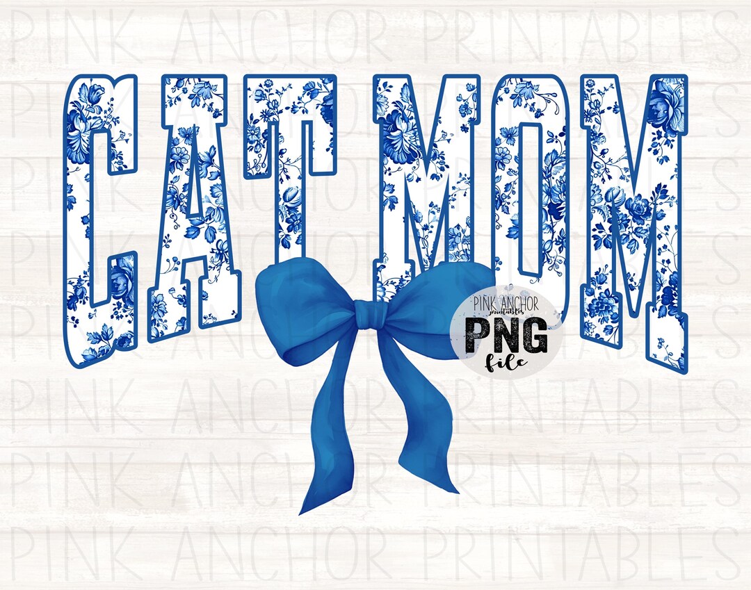 Cat Mom Blue Toile Floral Coquette Bow Png File Clip Art Printable ...