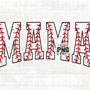 May include: White text spelling "MAMA" with a baseball stitch design in red. The letters have a distressed look with black outlines. The background is a light wood grain pattern.