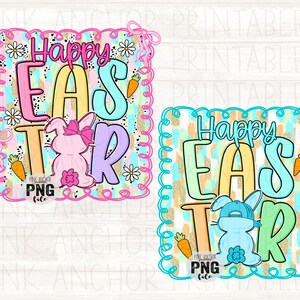 Puede incluir: Dos diseños coloridos con temática de Pascua. Uno presenta un conejito rosa con un lazo, las palabras "Happy Easter" y una zanahoria. El otro tiene un conejito azul con gorra y el mismo texto. Ambos tienen un borde decorativo.