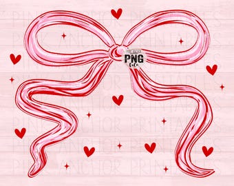 Instant Download Preppy Coquette Bow Valentine's Day Pink Red Hearts Png File Hand Drawn Printable Design