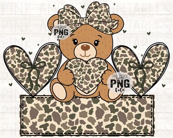 Instant Download Teddy Bear Girl Coquette Bow Camo Valentine's Day Png File Hand Drawn Printable Design