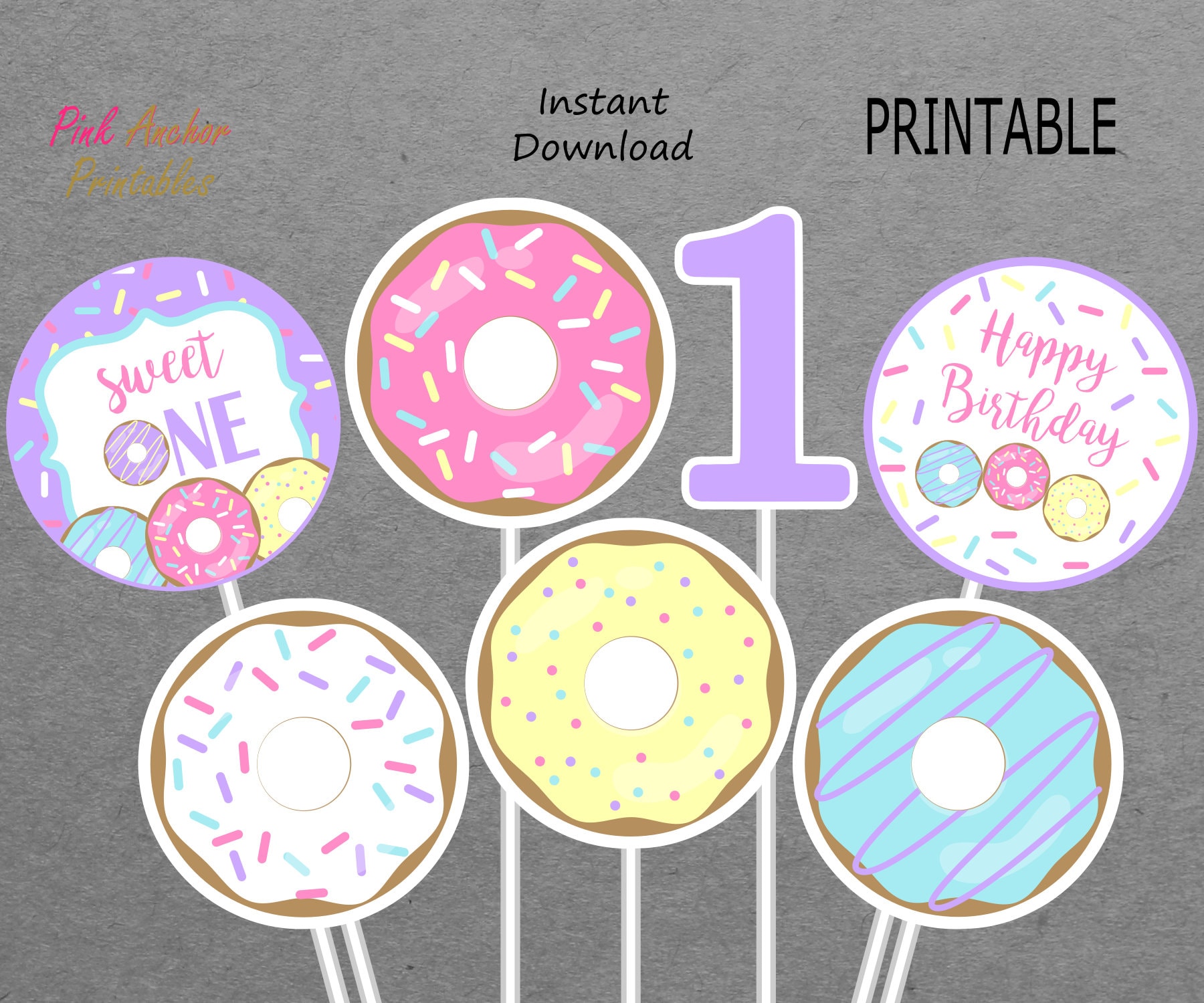 Printable Donut Centerpieces - 1st Birthday Sweet One - Pink, Purple, Yellow & Blue - 1 - PRINTABLE - INSTANT DOWNLOAD