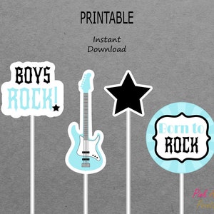 Printable Centerpieces - Guitar, Star - Rockstar Baby Shower - Baby Blue & Black - PRINTABLE - INSTANT DOWNLOAD