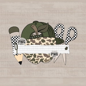 May include: Digital illustration featuring a green baseball cap, scissors with a checkered pattern, and a pencil with a checkered pattern. A notepad with the text "PINK ANCHOR PNG file" is also included. The design has a camouflage pattern.