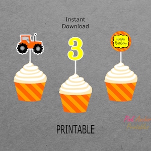 Printable Tractor Birthday Cupcake Toppers and Wrappers - Orange & Yellow - 3rd Birthday - 3 - PRINTABLE - INSTANT DOWNLOAD
