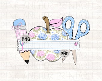 Preppy Floral Pencil Apple Scissors Paper Pink Blue White Teacher Kids Girl PNG, Back to School Printable Design (Digital Download)